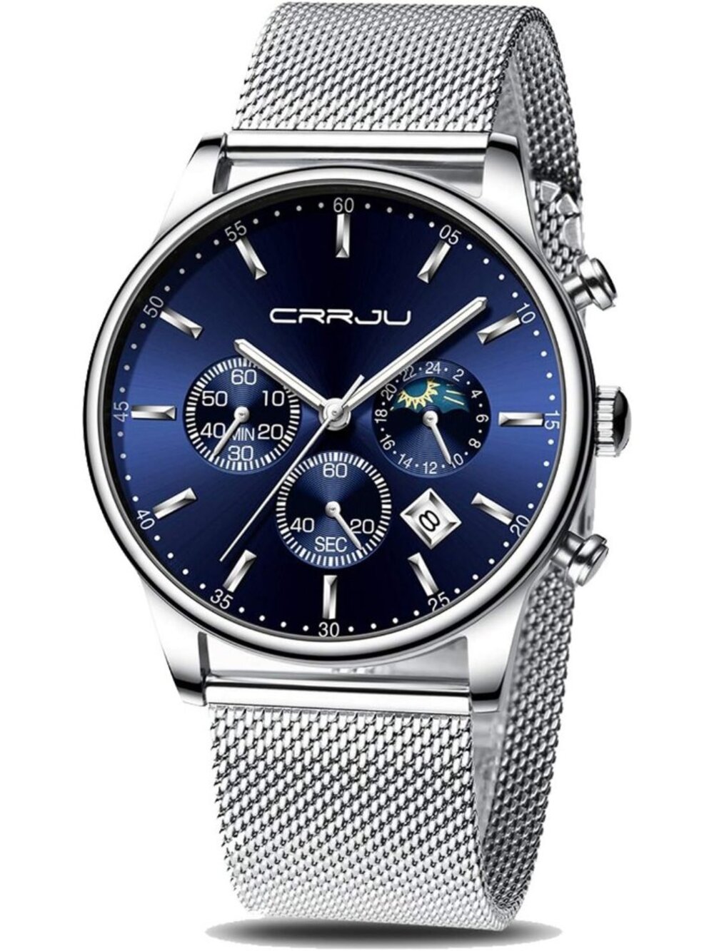 Mens Silver And Blue Chronograph Waterproof Steel Quartz Mesh Strap Casual Watch
